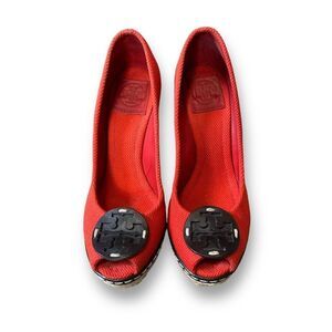 Tory Burch Cerise Womens 8 Red Canvas Peep Toe Espadrille Wedge Heels